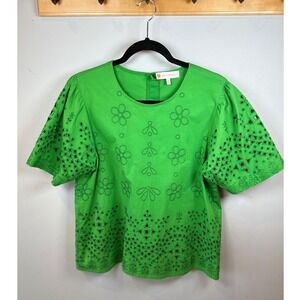 Jude Connally Women's Green Eyelet Cotton Short Sleeve Top Size L